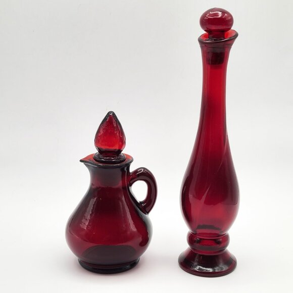 PAIR Vintage Avon Red Glass Bottles with Stoppers 5" Cruet 8" Perfume - Picture 3 of 10